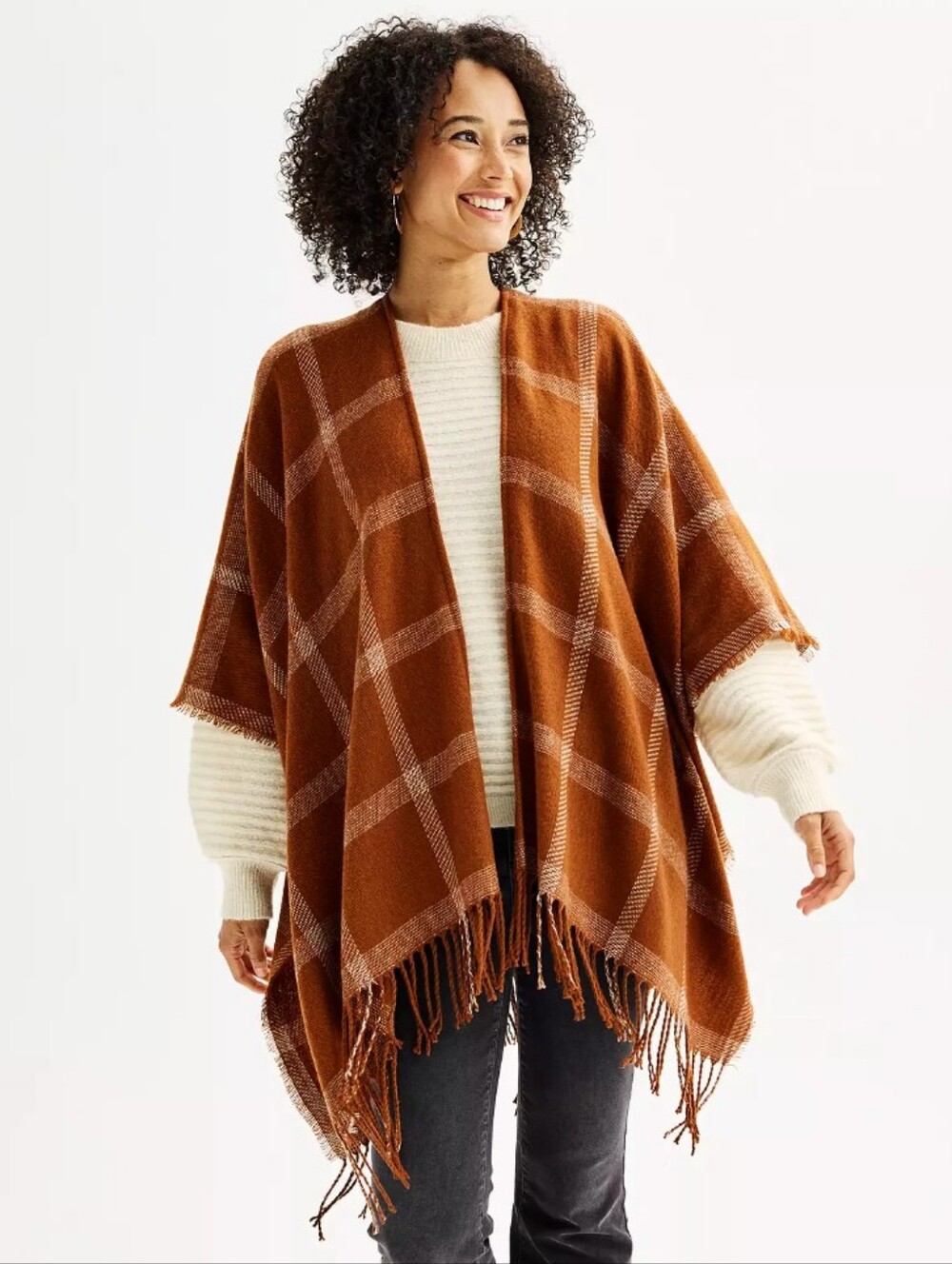 Rust Plaid Fringe Open-Front Poncho